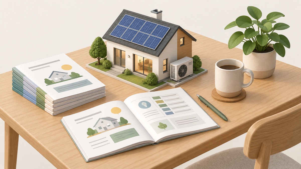 A model house with solar panels beside a stack of guide booklets on a kitchen table