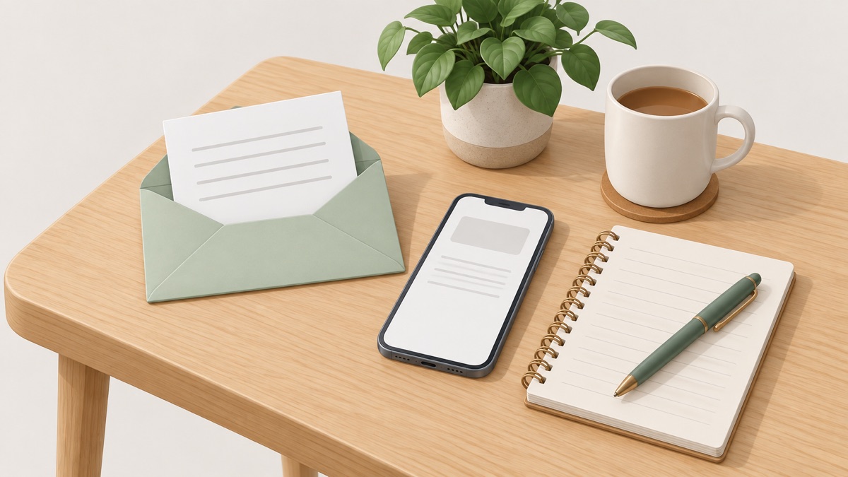 A letter, a phone and a notepad on a kitchen table
