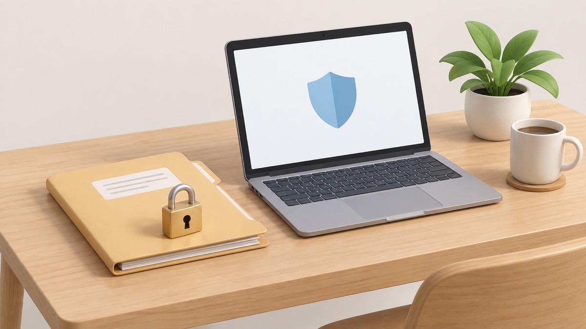 A folder with a padlock beside a laptop on a kitchen table