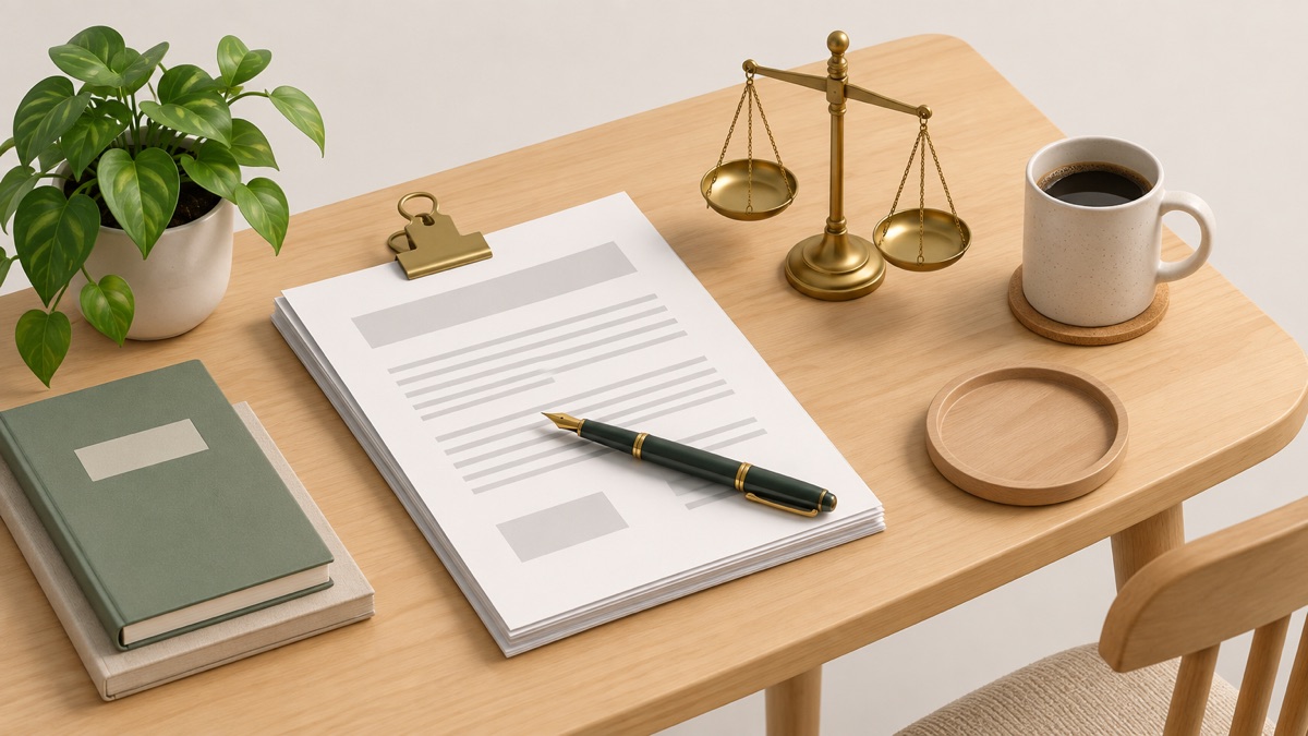 A clipped document with a pen and a small set of scales on a kitchen table