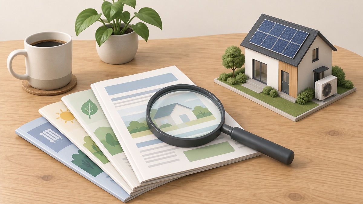 A magnifying glass over a stack of home energy guides on a kitchen table beside a model house