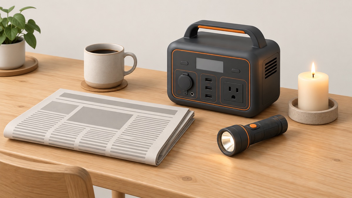 A newspaper on a kitchen table beside a model of backup power