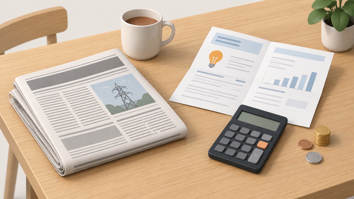 A newspaper on a kitchen table beside a model of energy bills and the price cap