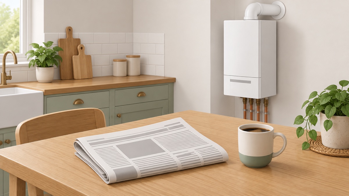 A newspaper on a kitchen table beside a model of boilers and heating