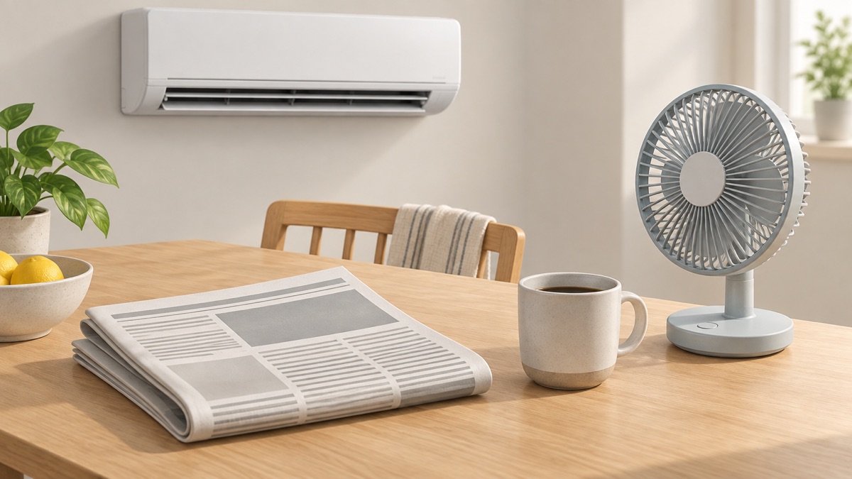 A newspaper on a kitchen table beside a model of cooling and air conditioning