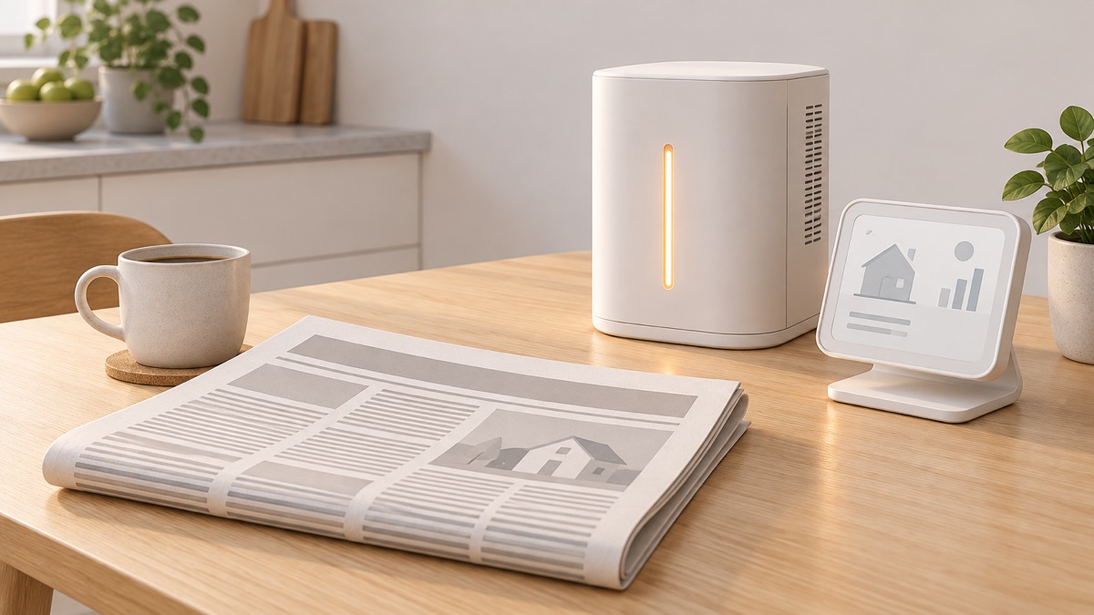 A newspaper on a kitchen table beside a model of new technology