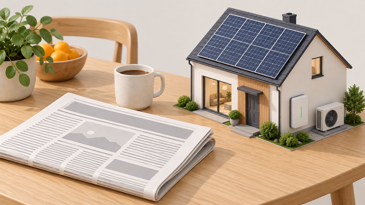 A newspaper on a kitchen table beside a model of energy independence