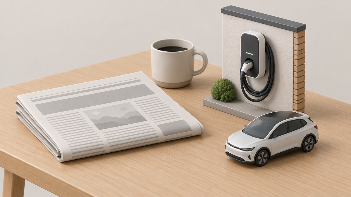 A newspaper on a kitchen table beside a model of ev charging