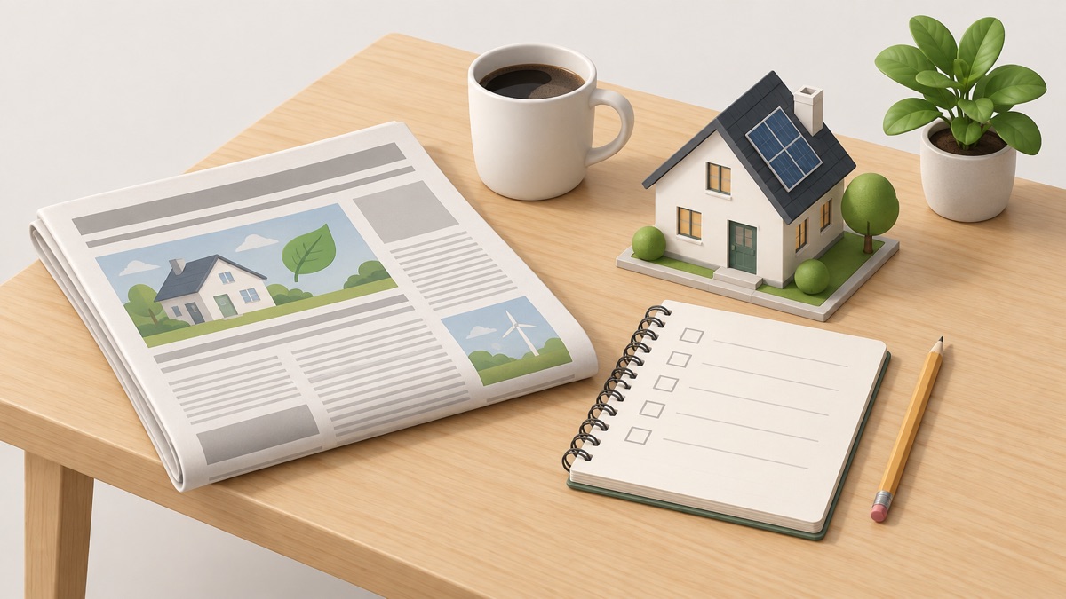 A newspaper on a kitchen table beside a model of where to start