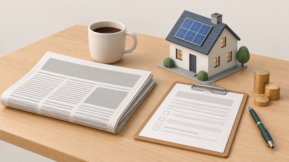 A newspaper on a kitchen table beside a model of grants and schemes
