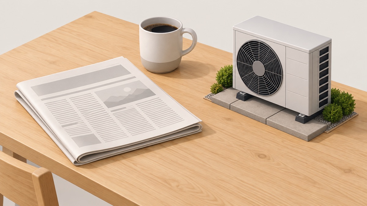 A newspaper on a kitchen table beside a model of heat pumps