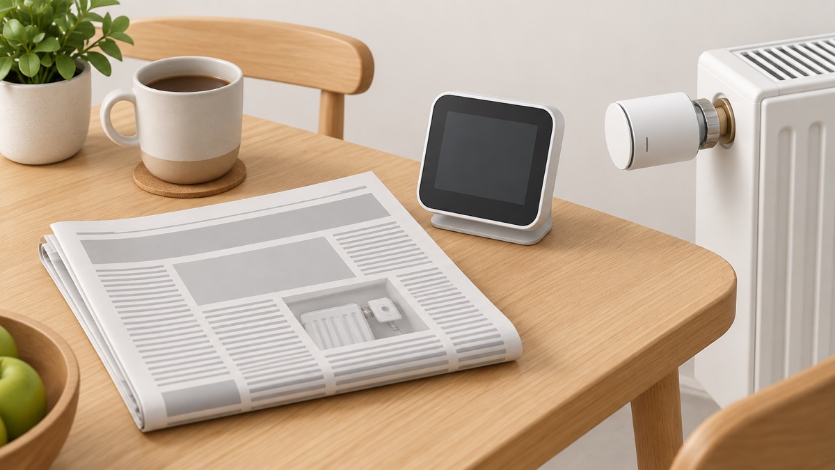 A newspaper on a kitchen table beside a model of heating controls