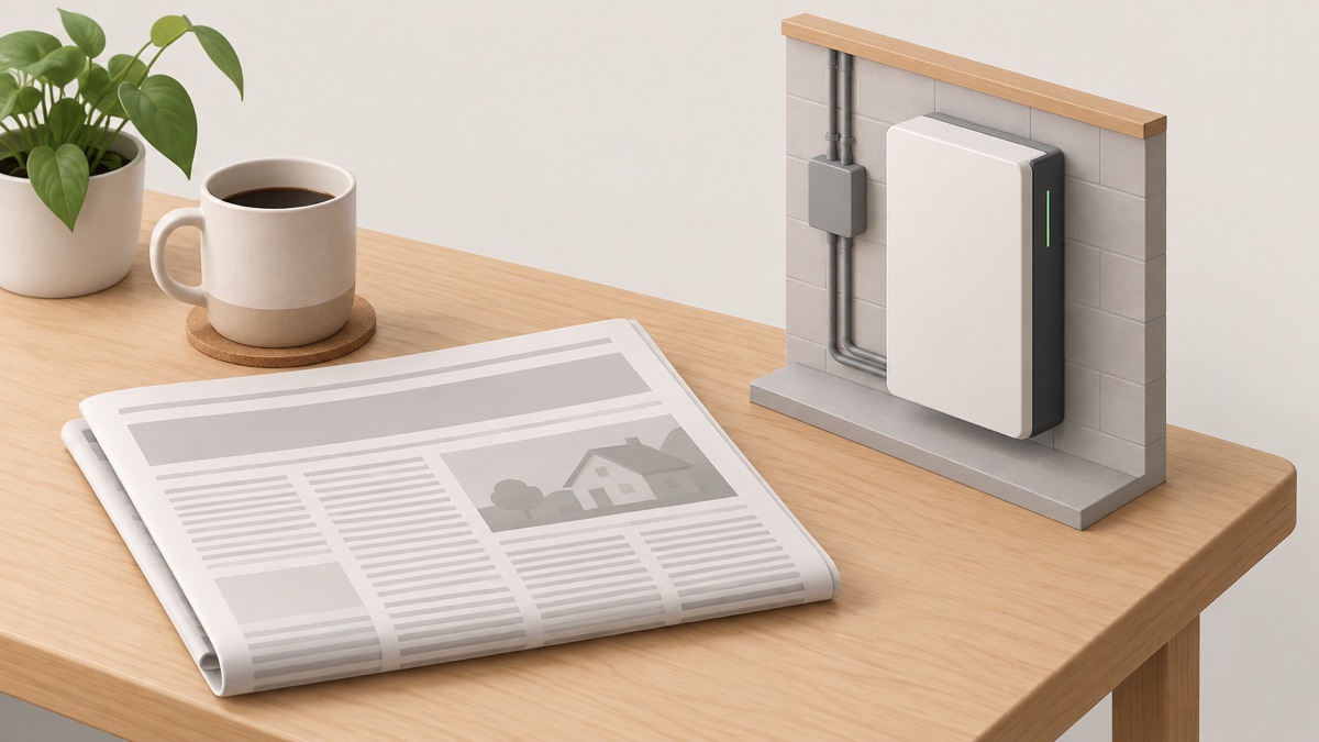 A newspaper on a kitchen table beside a model of home batteries