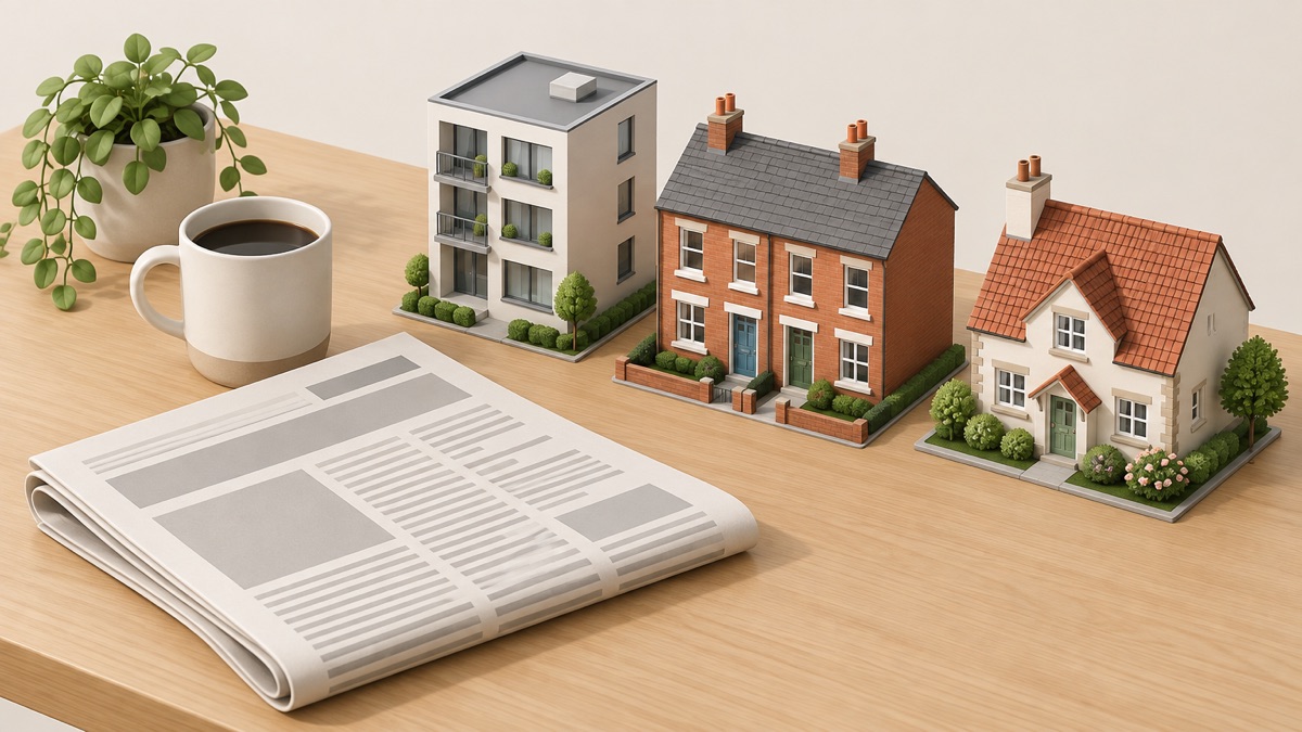 A newspaper on a kitchen table beside a model of your type of home