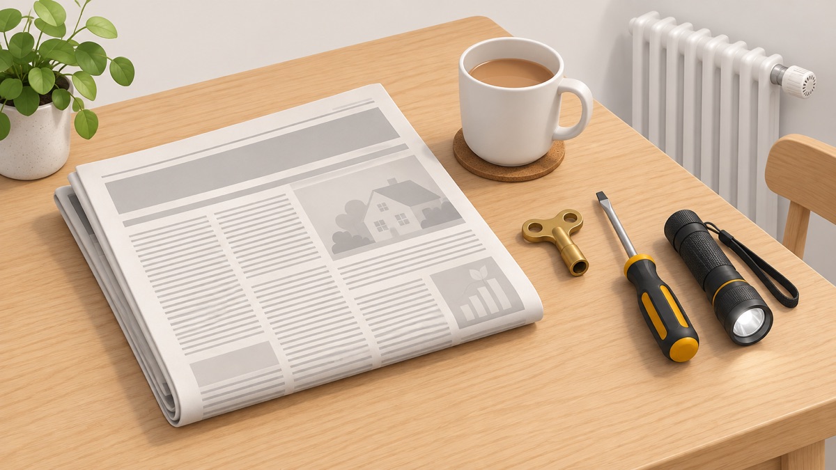 A newspaper on a kitchen table beside a model of how to