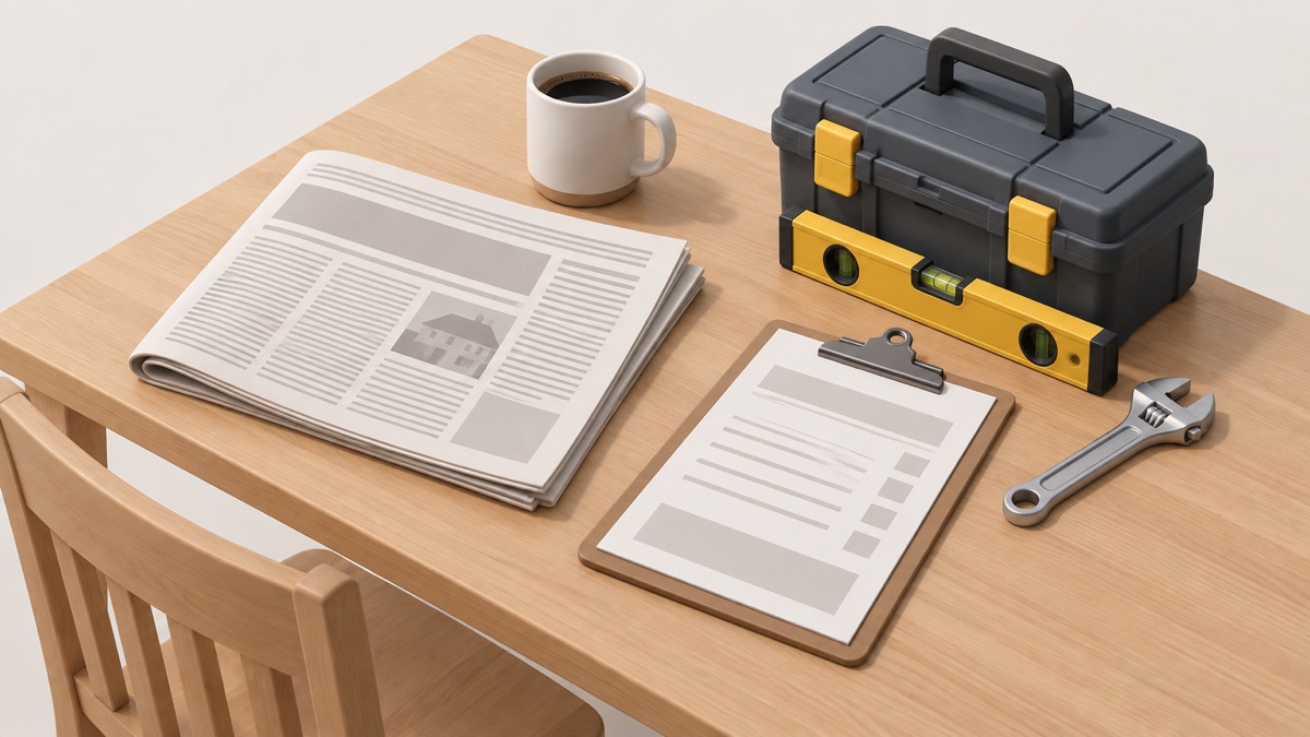 A newspaper on a kitchen table beside a model of installers