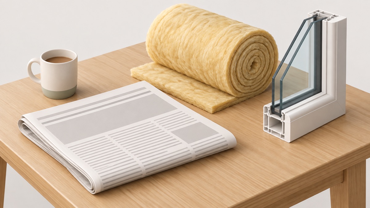 A newspaper on a kitchen table beside a model of insulation and glazing