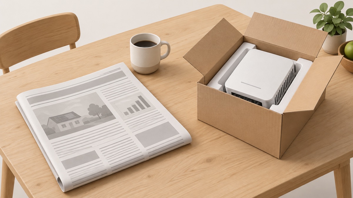 A newspaper on a kitchen table beside a model of brands