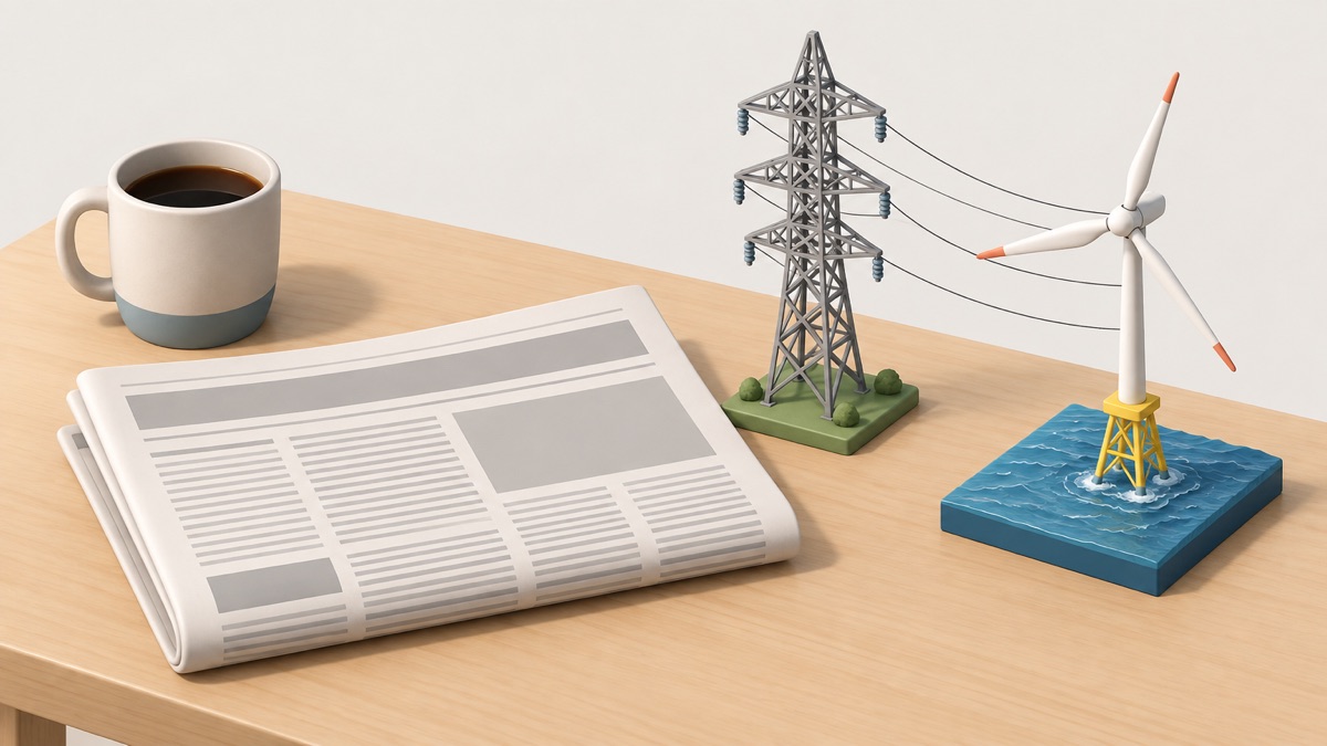 A newspaper on a kitchen table beside a model of where our energy comes from