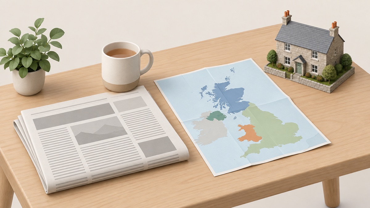 A newspaper on a kitchen table beside a model of scotland, wales and northern ireland