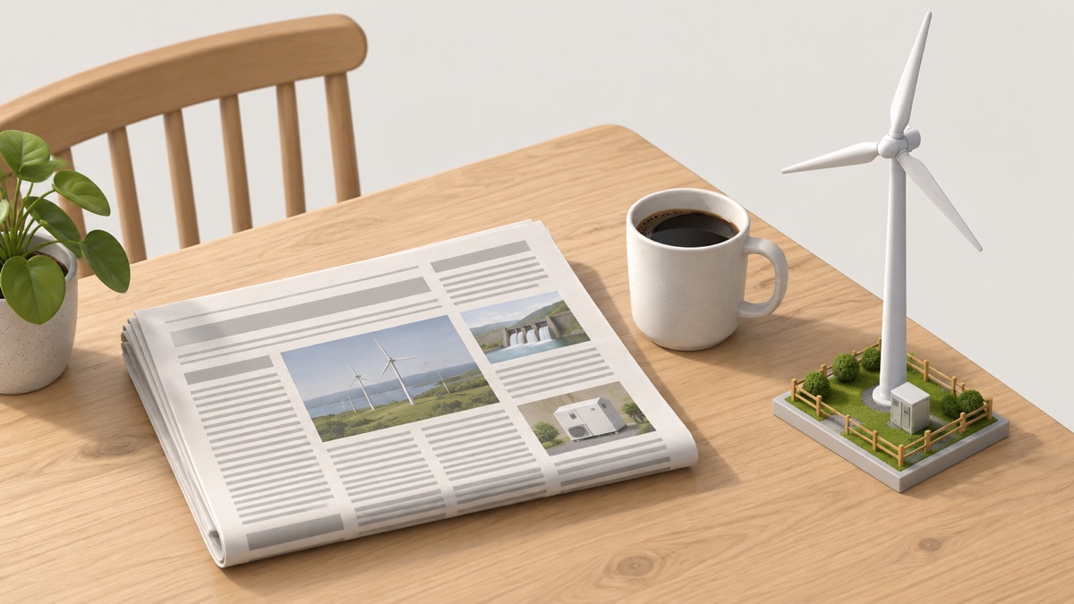 A newspaper on a kitchen table beside a model of wind, hydro and micro-chp