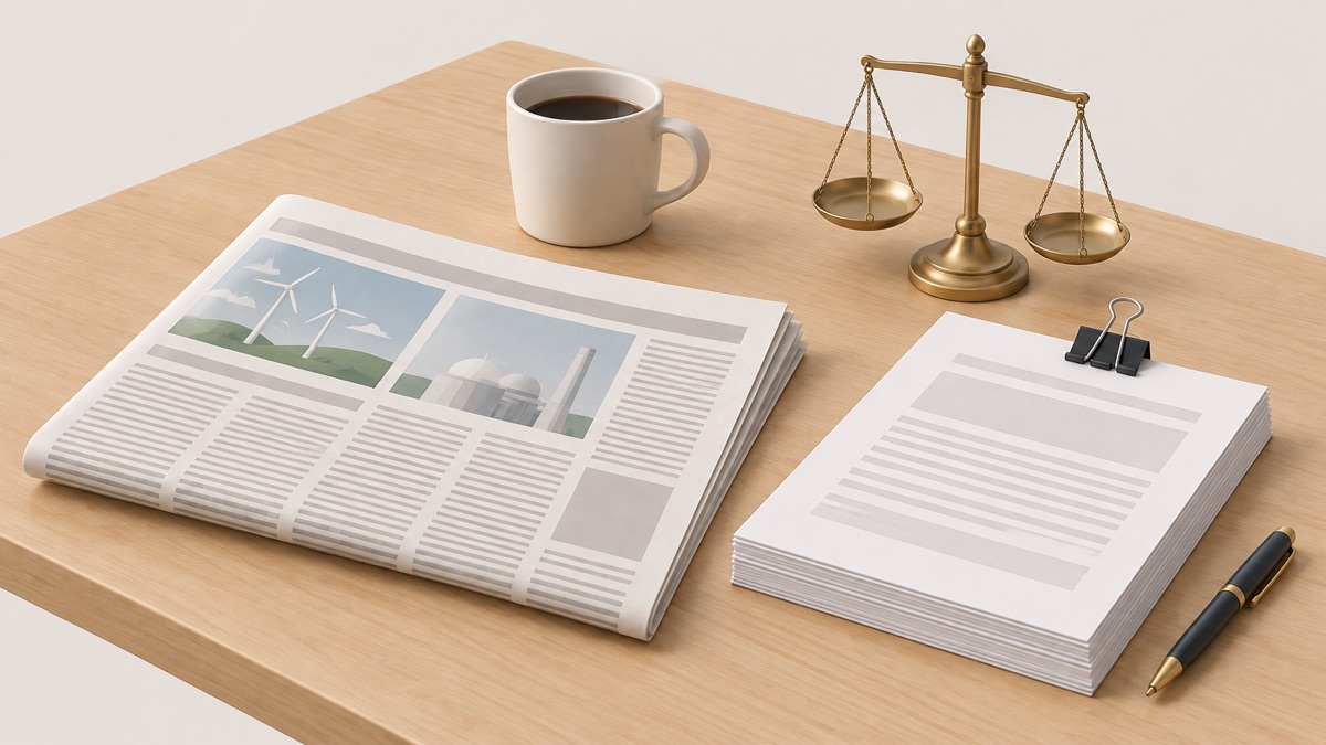 A newspaper on a kitchen table beside a model of rules and regulation