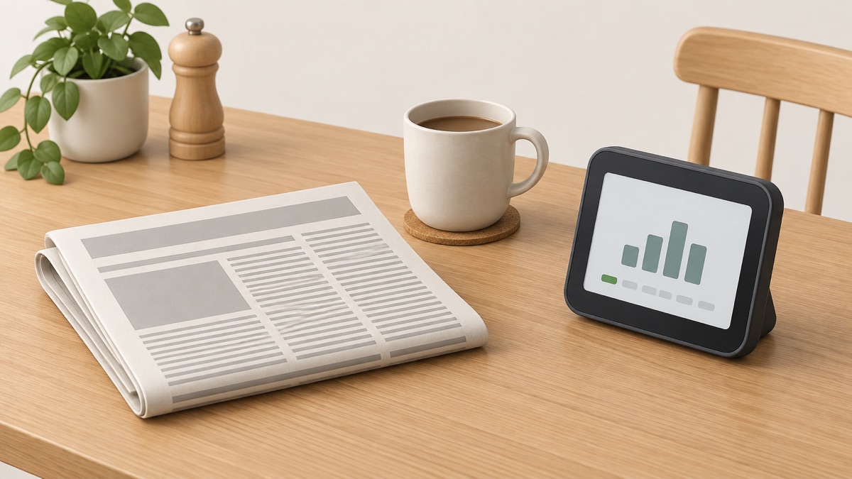 A newspaper on a kitchen table beside a model of smart meters
