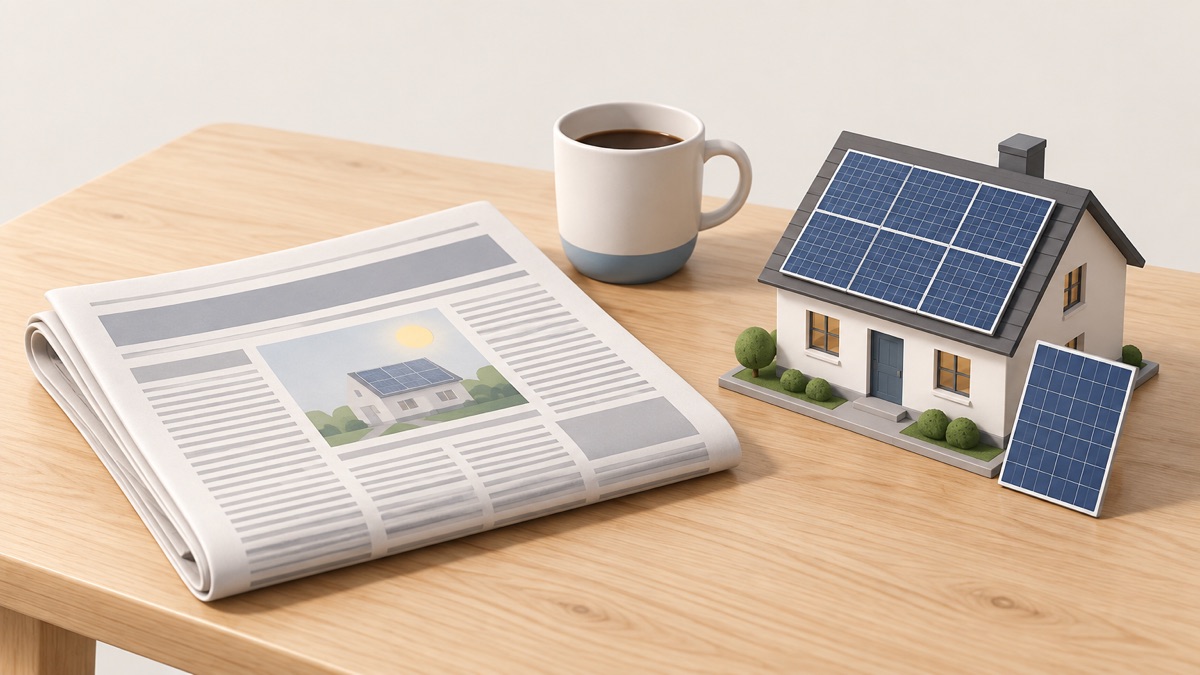 A newspaper on a kitchen table beside a model of solar panels