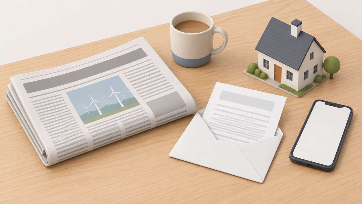 A newspaper on a kitchen table beside a model of energy suppliers