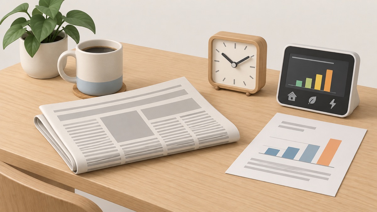 A newspaper on a kitchen table beside a model of tariffs